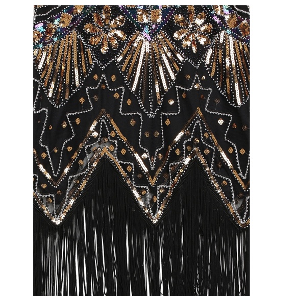 Black and Gold glass beaded Fringe Flapper Dress - Picture 7 of 8